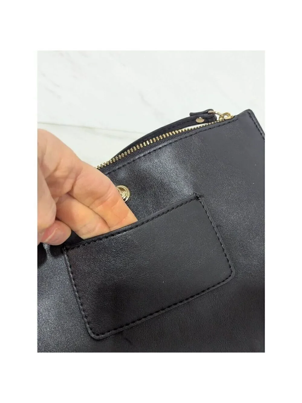 Nine West Women's Black Zip Top Vegan Leather Wrist Strap Exterior ID Pocket Pou